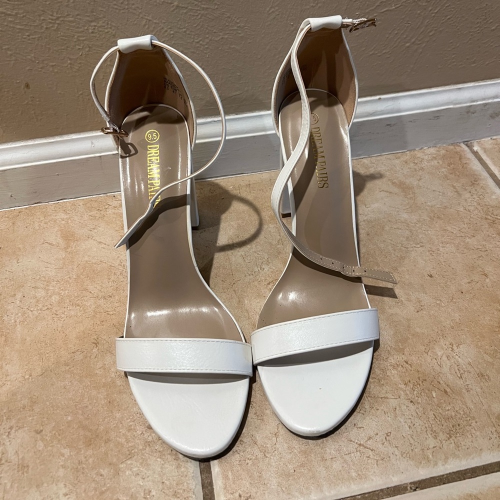 Pure white thick heel size 9.5 with ankle buckle!
